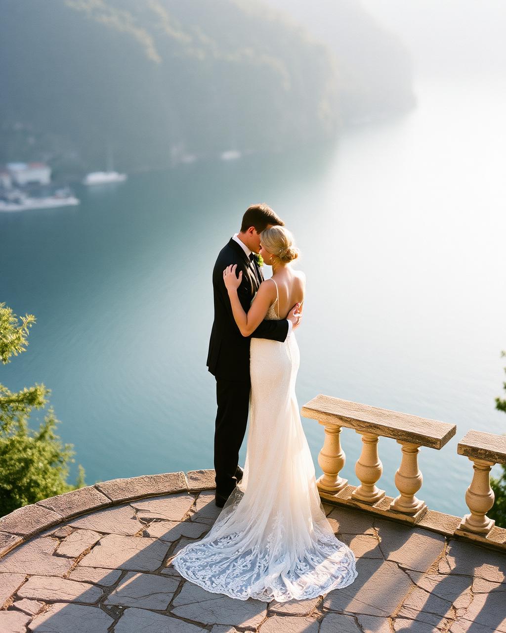 Couple on terrace overlooking Lake Como