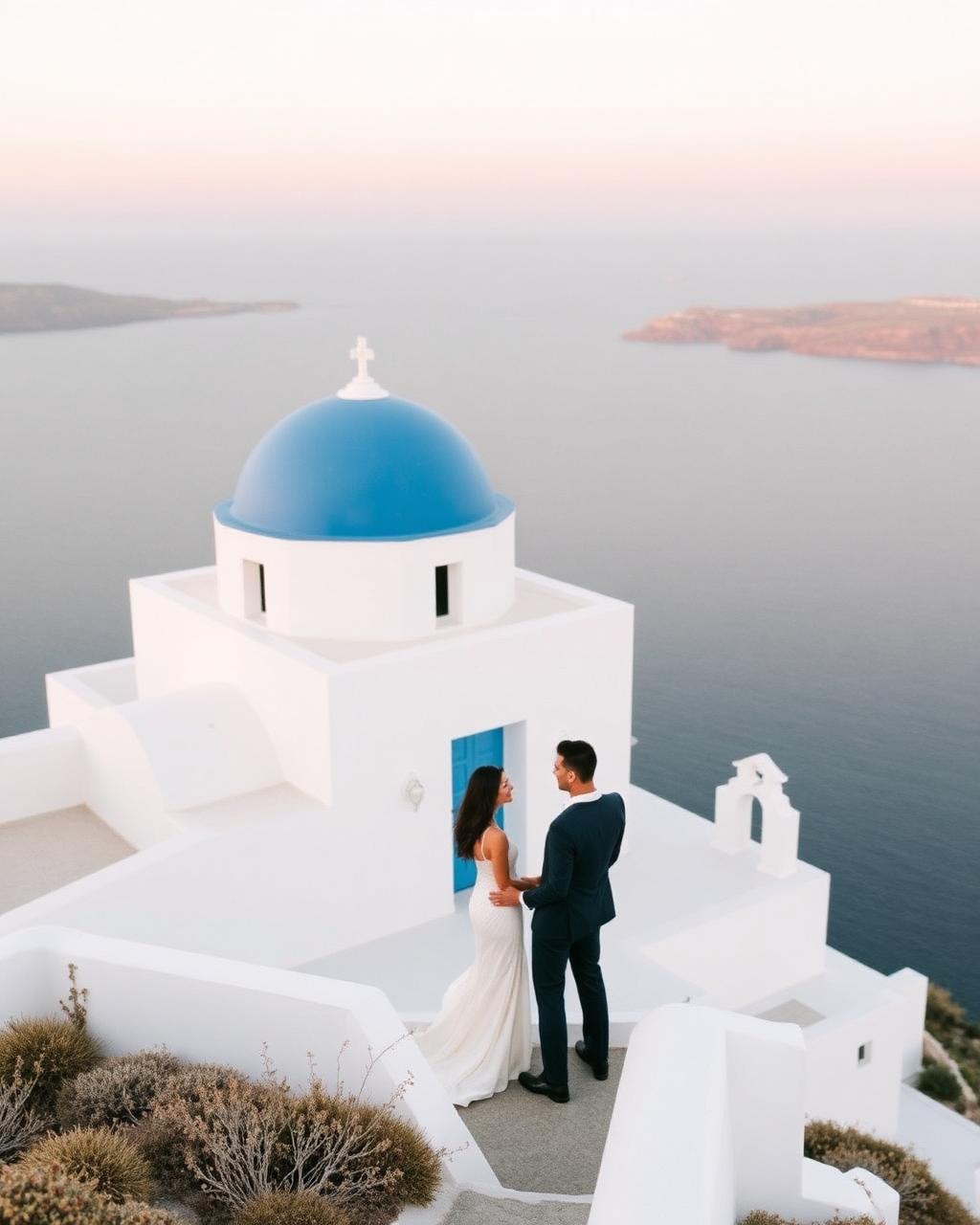 Couple at blue-domed chapel above the Aegean
