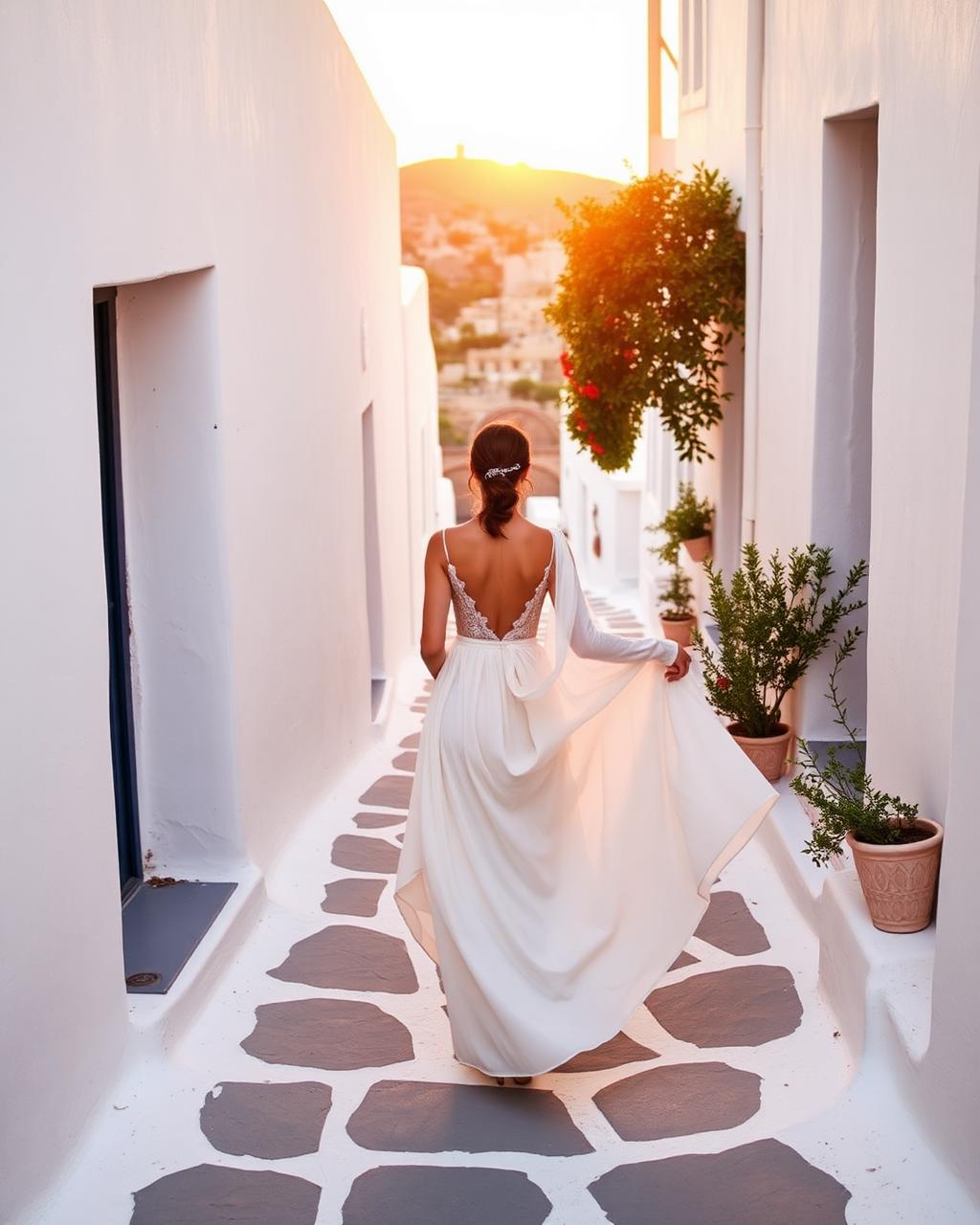 Bride in Oia village at sunset