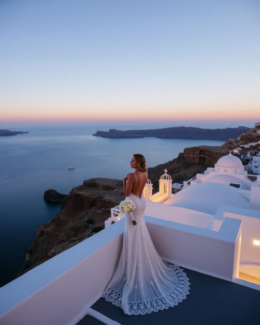 Bride on cliffside terrace at dusk