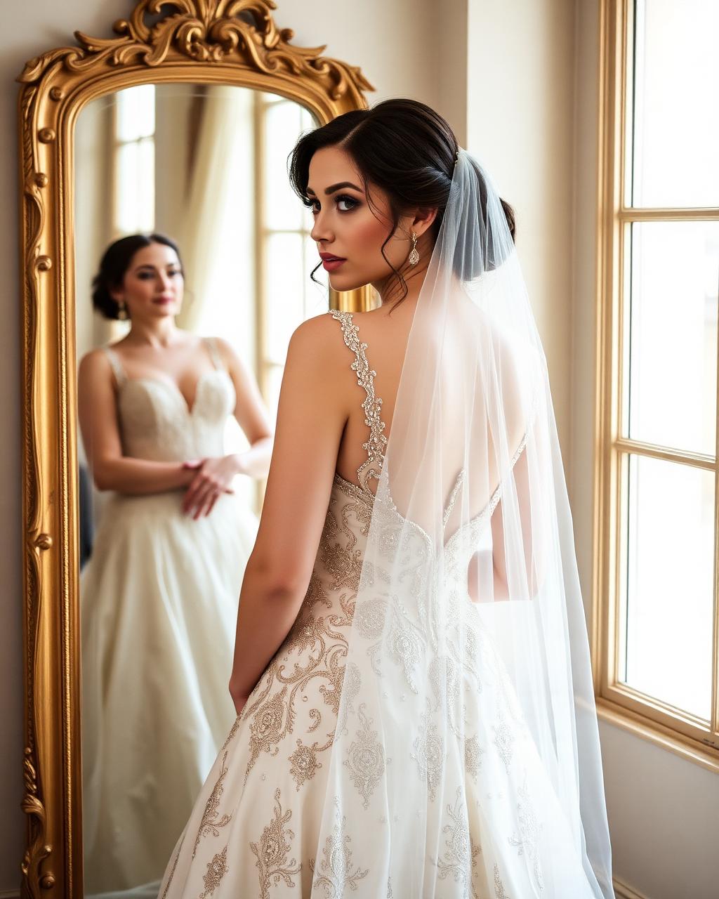 Bride in mirror with veil