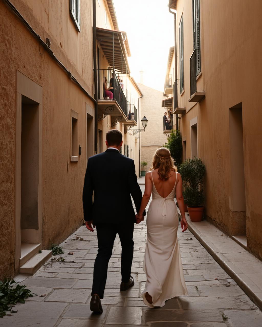 Couple walking through narrow Puglian street