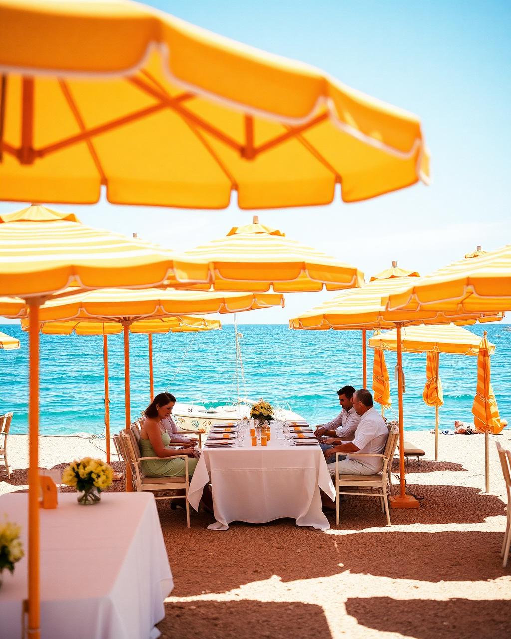 Yellow striped umbrellas on the beach