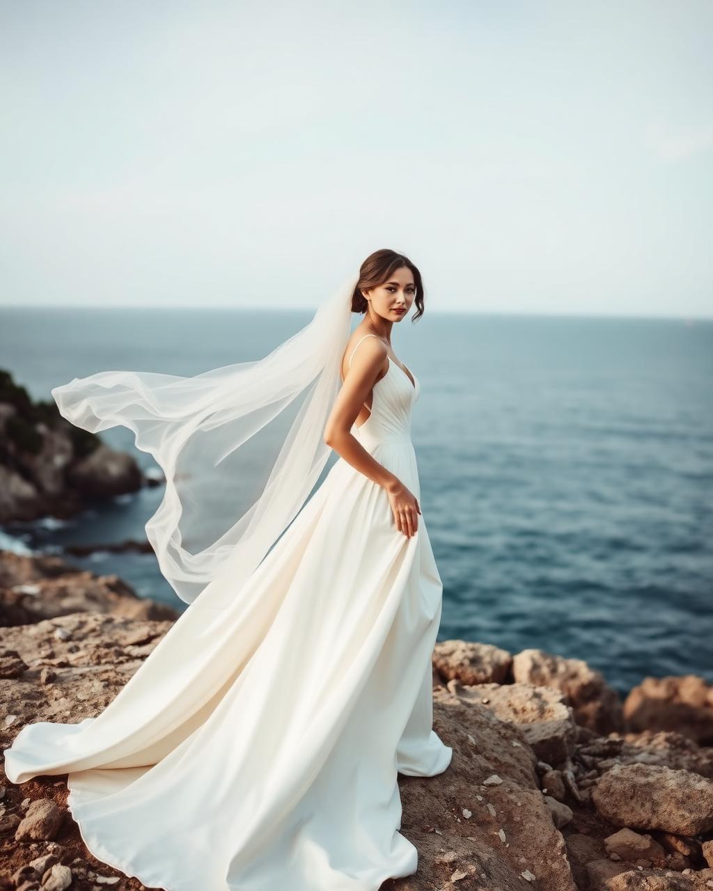 Bride on coastal cliffs in the wind