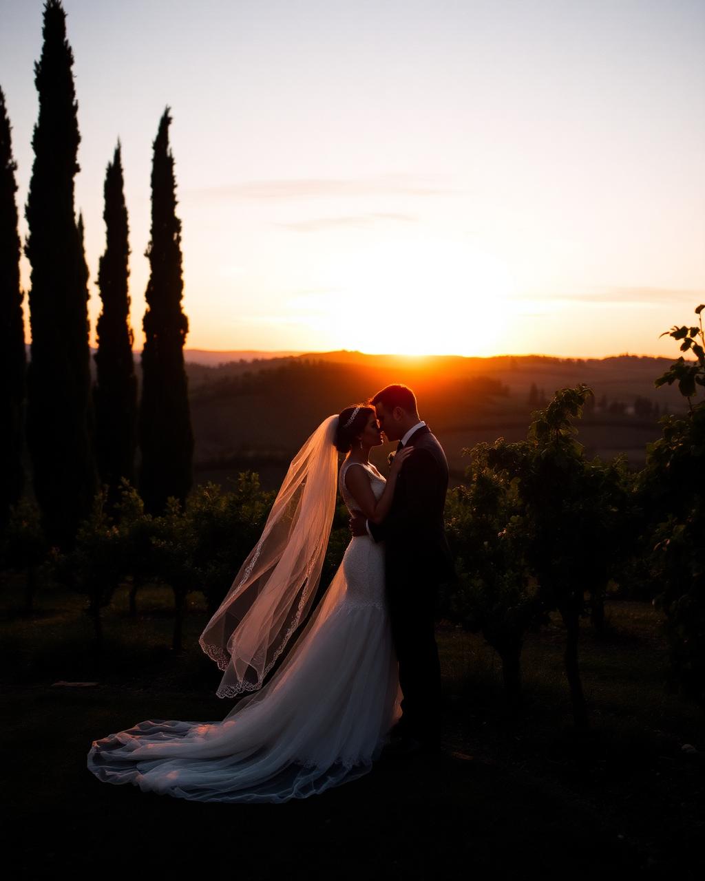 Couple silhouette against Tuscan sunset