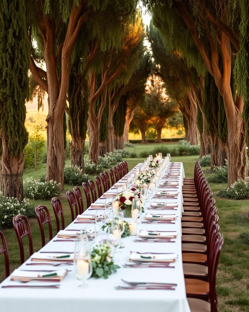 Long banquet table beneath cypress trees