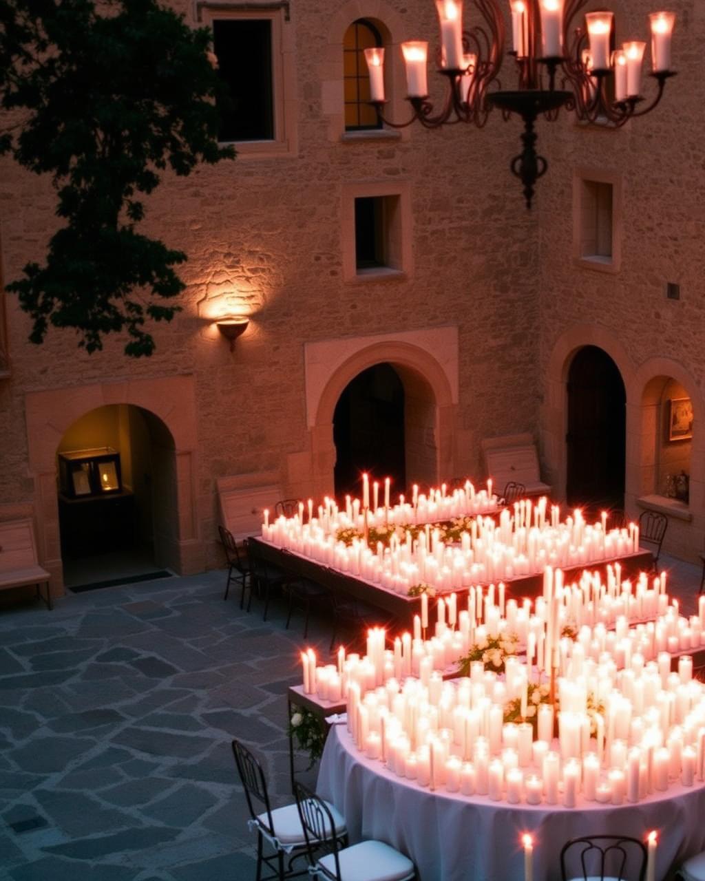 Hundreds of candles in stone courtyard