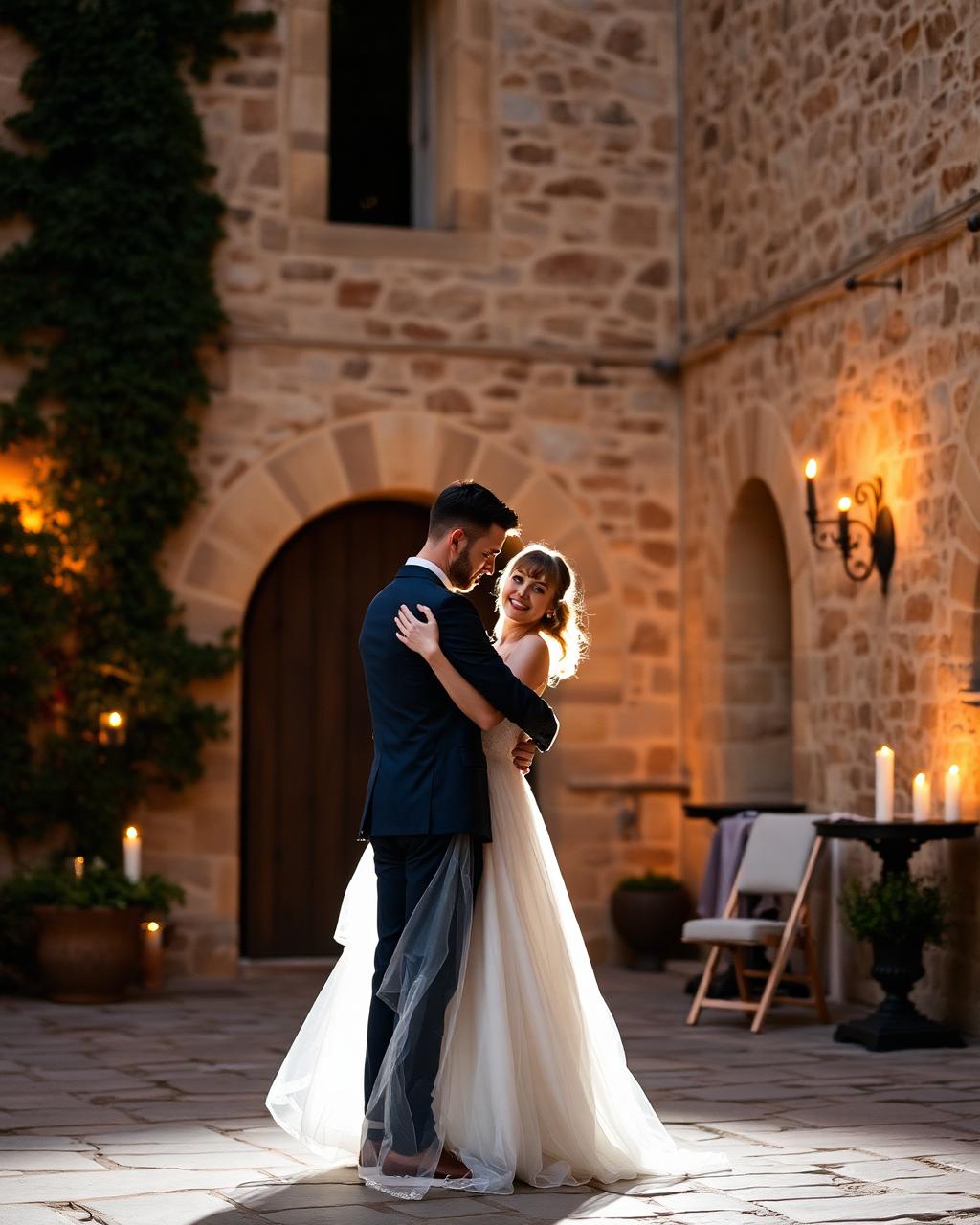First dance in candlelit courtyard