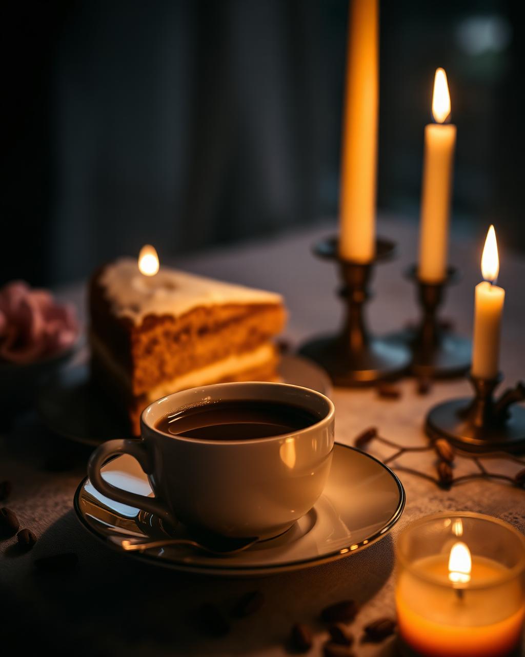 Espresso and cake by candlelight