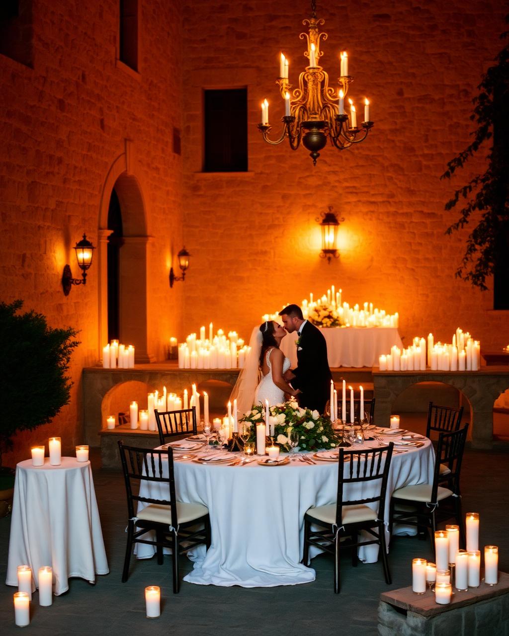 Intimate candlelit dinner under chandelier