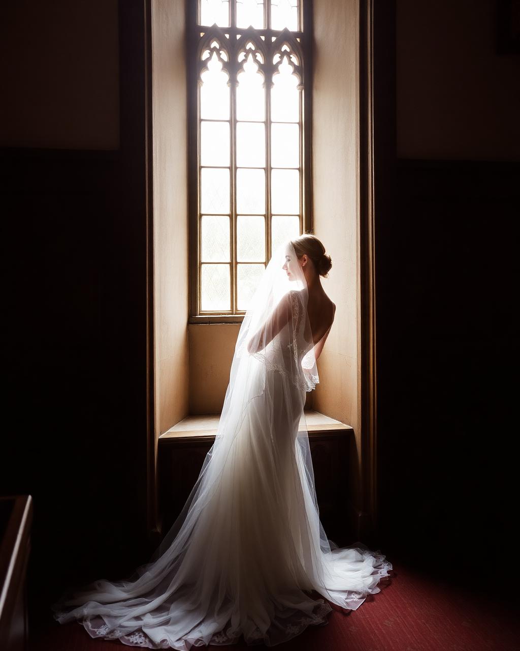 Bride at tall chapel window