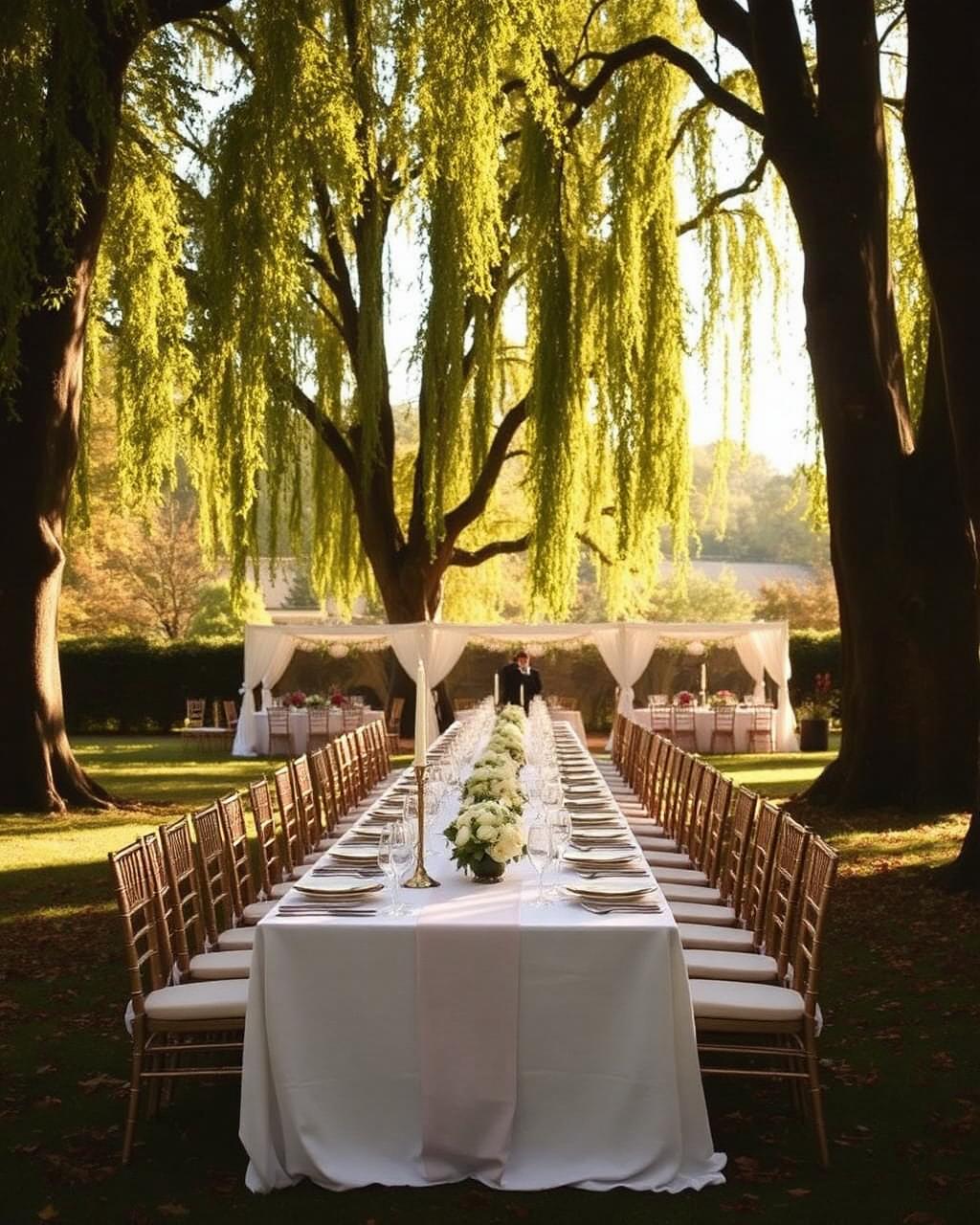 Long banquet table beneath willow trees