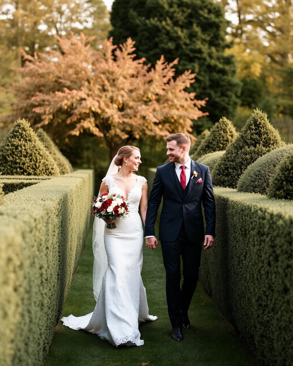 Couple in formal English garden
