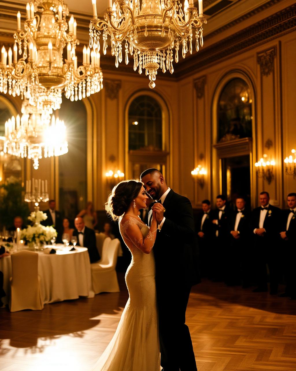 First dance beneath crystal chandeliers