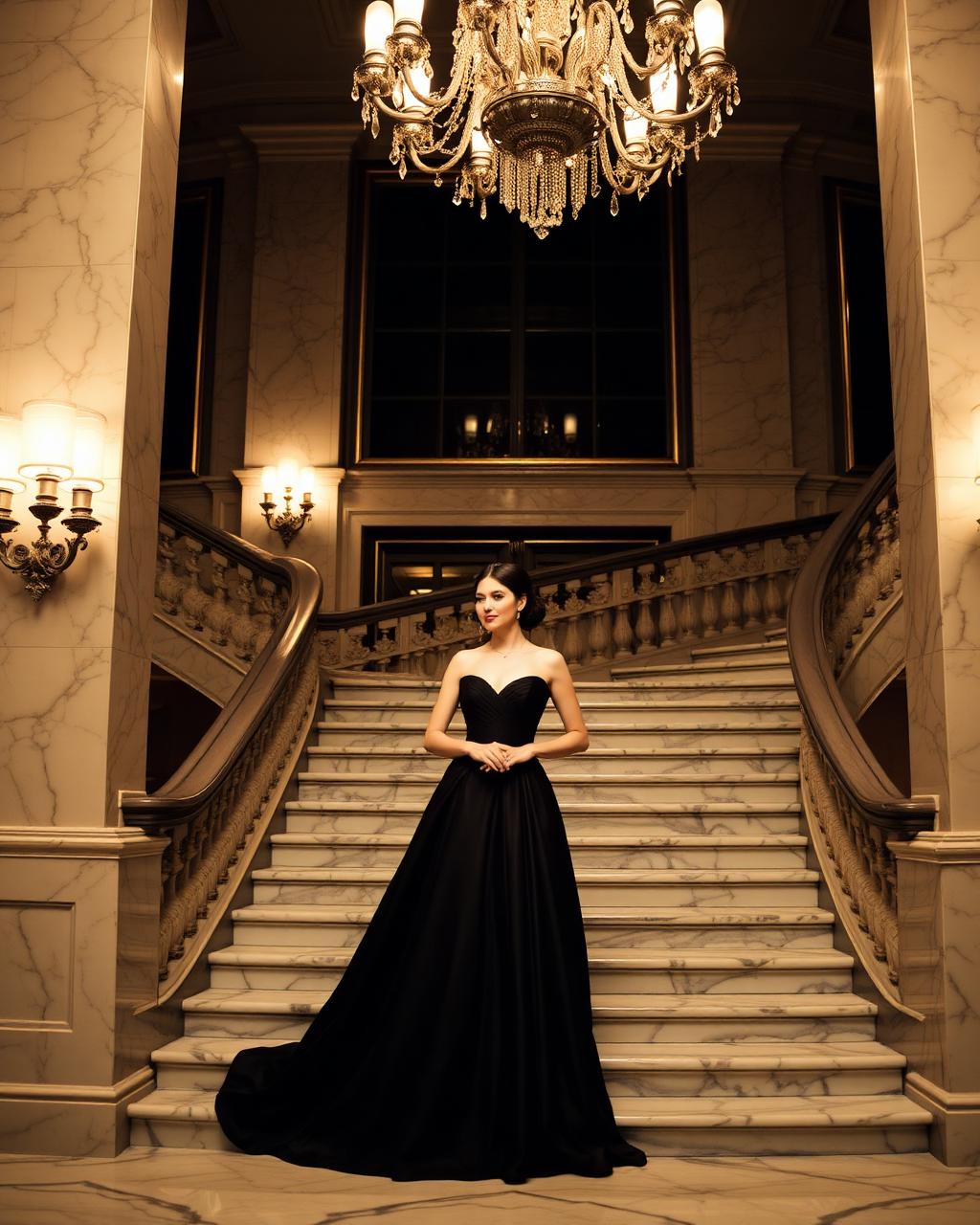 Bride on grand marble staircase